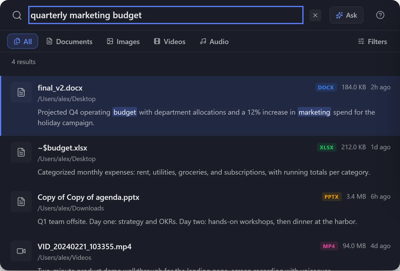 BeaconFind search for quarterly marketing budget. The top result is final_v2.docx, a projected Q4 operating budget found by what the document says.