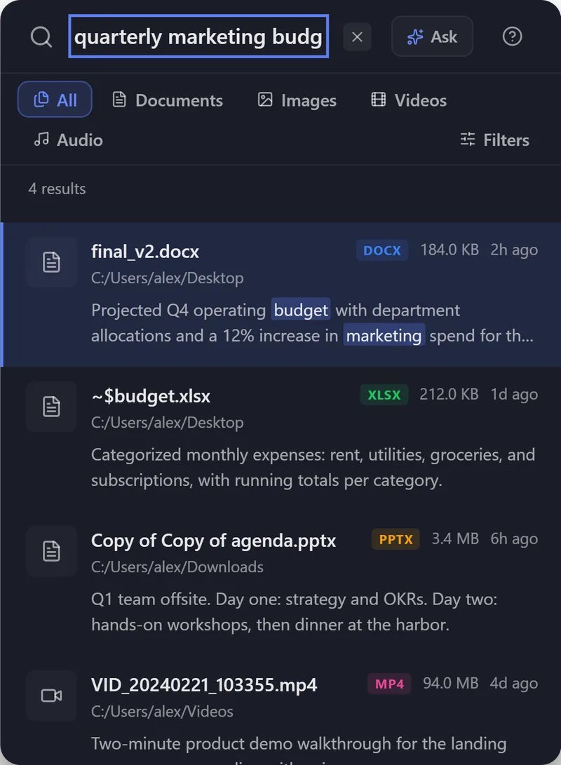 BeaconFind search for quarterly marketing budget. The top result is final_v2.docx, found by what the document says.
