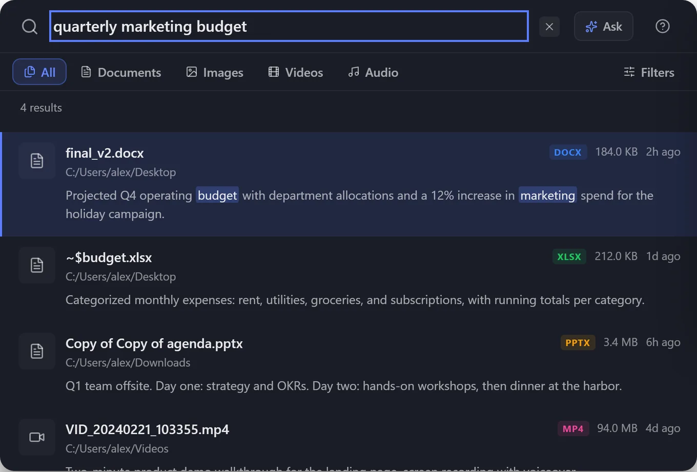 BeaconFind search for quarterly marketing budget. The top result is final_v2.docx, a projected Q4 operating budget found by what the document says.