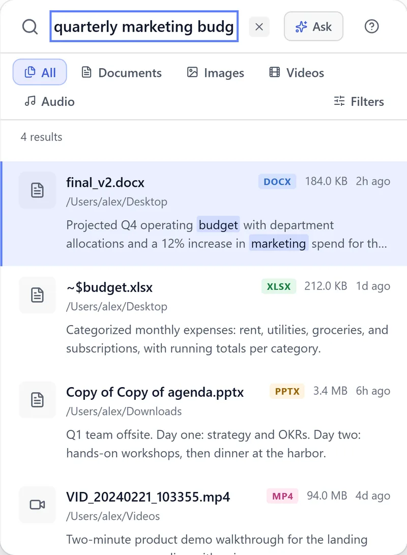 BeaconFind search for quarterly marketing budget. The top result is final_v2.docx, found by what the document says.