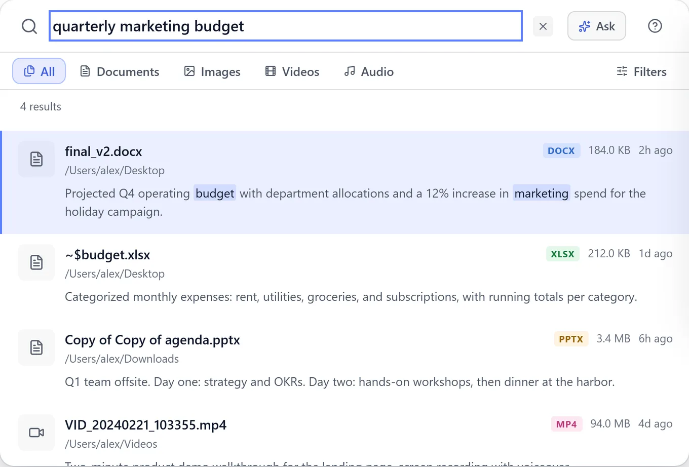 BeaconFind search for quarterly marketing budget. The top result is final_v2.docx, a projected Q4 operating budget found by what the document says.
