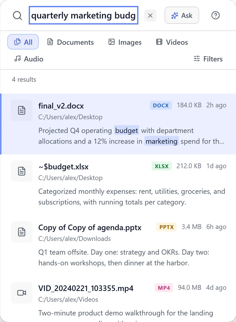 BeaconFind search for quarterly marketing budget. The top result is final_v2.docx, found by what the document says.