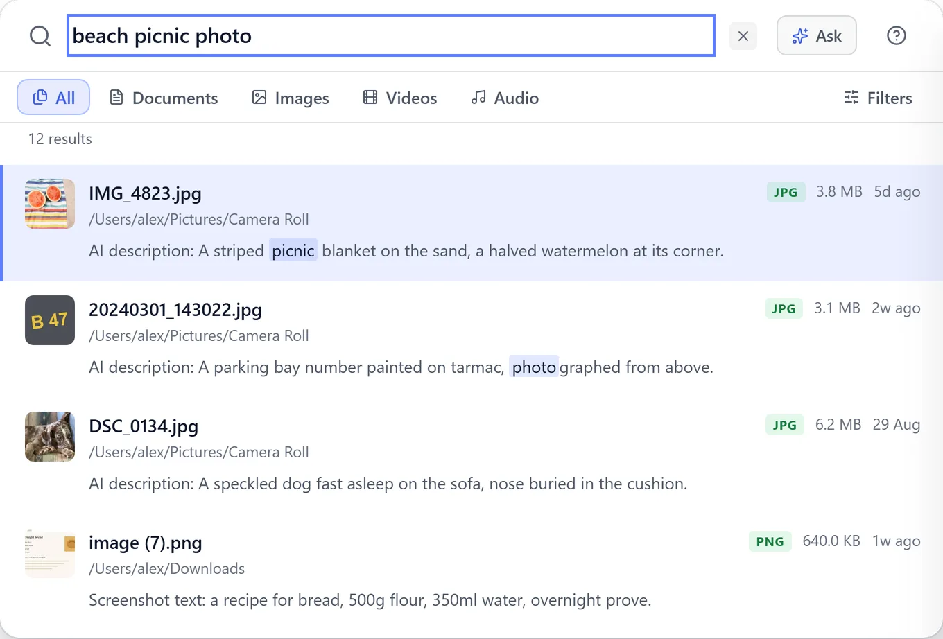 BeaconFind search for beach picnic photo. The top result is IMG_4823.jpg, a photo of a striped picnic blanket on the sand.