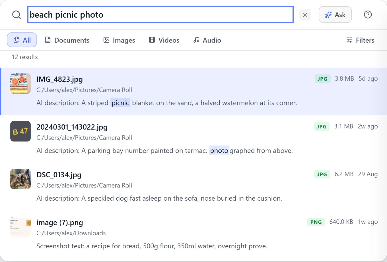 BeaconFind search for beach picnic photo. The top result is IMG_4823.jpg, a photo of a striped picnic blanket on the sand.