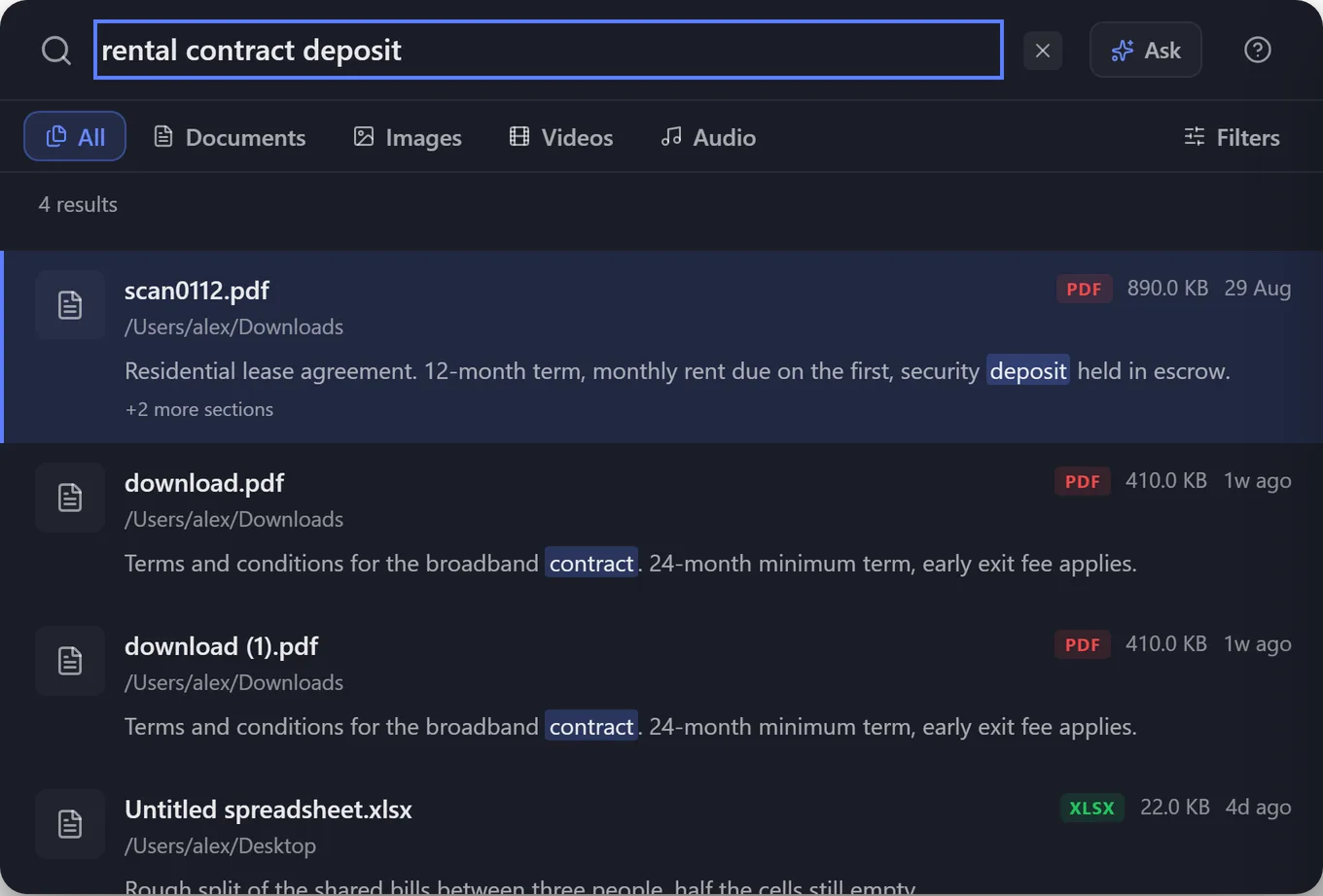 BeaconFind search for rental contract deposit. The top result is scan0112.pdf, a scanned residential lease agreement.