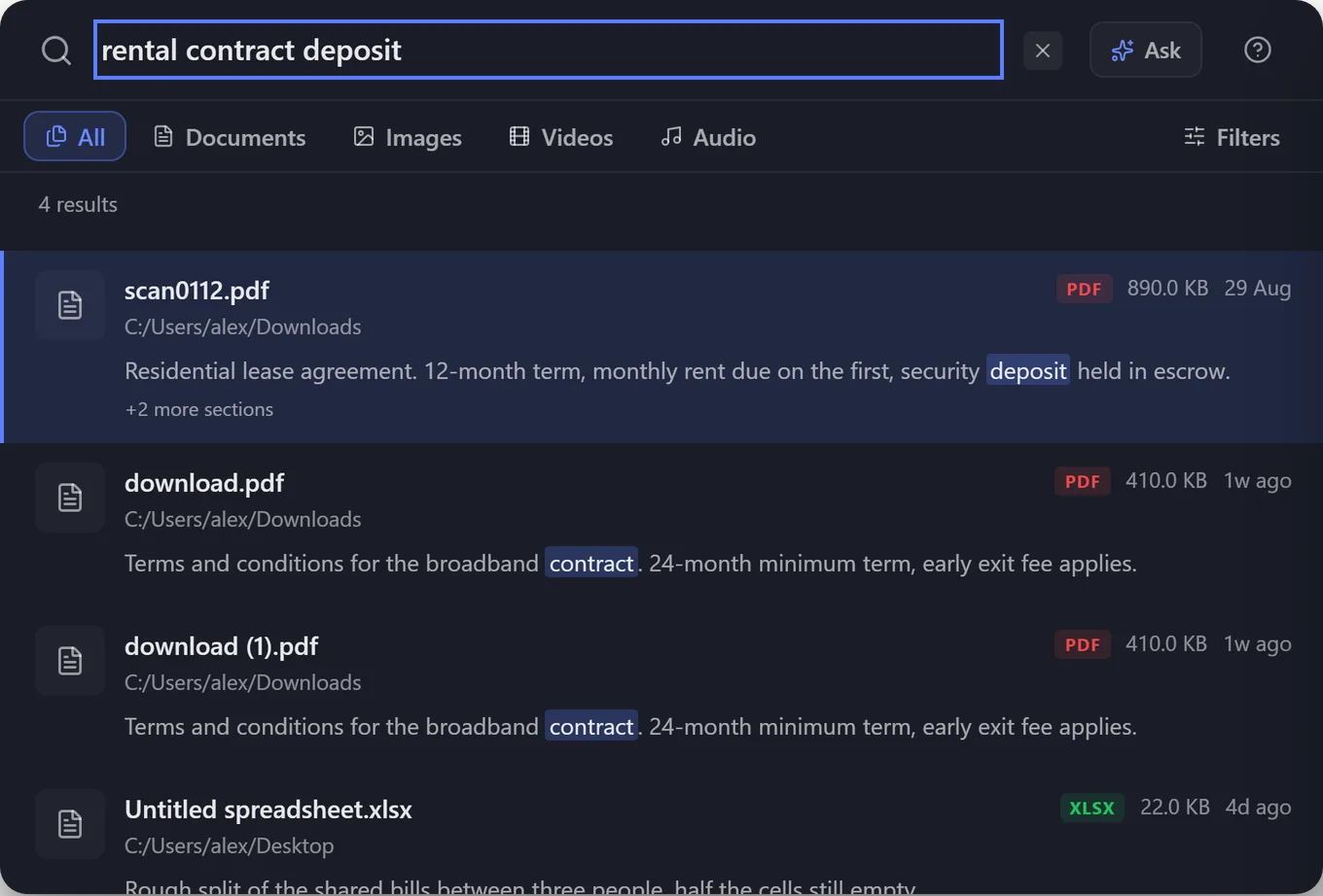 BeaconFind search for rental contract deposit. The top result is scan0112.pdf, a scanned residential lease agreement.