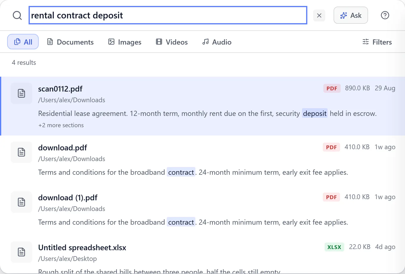 BeaconFind search for rental contract deposit. The top result is scan0112.pdf, a scanned residential lease agreement.