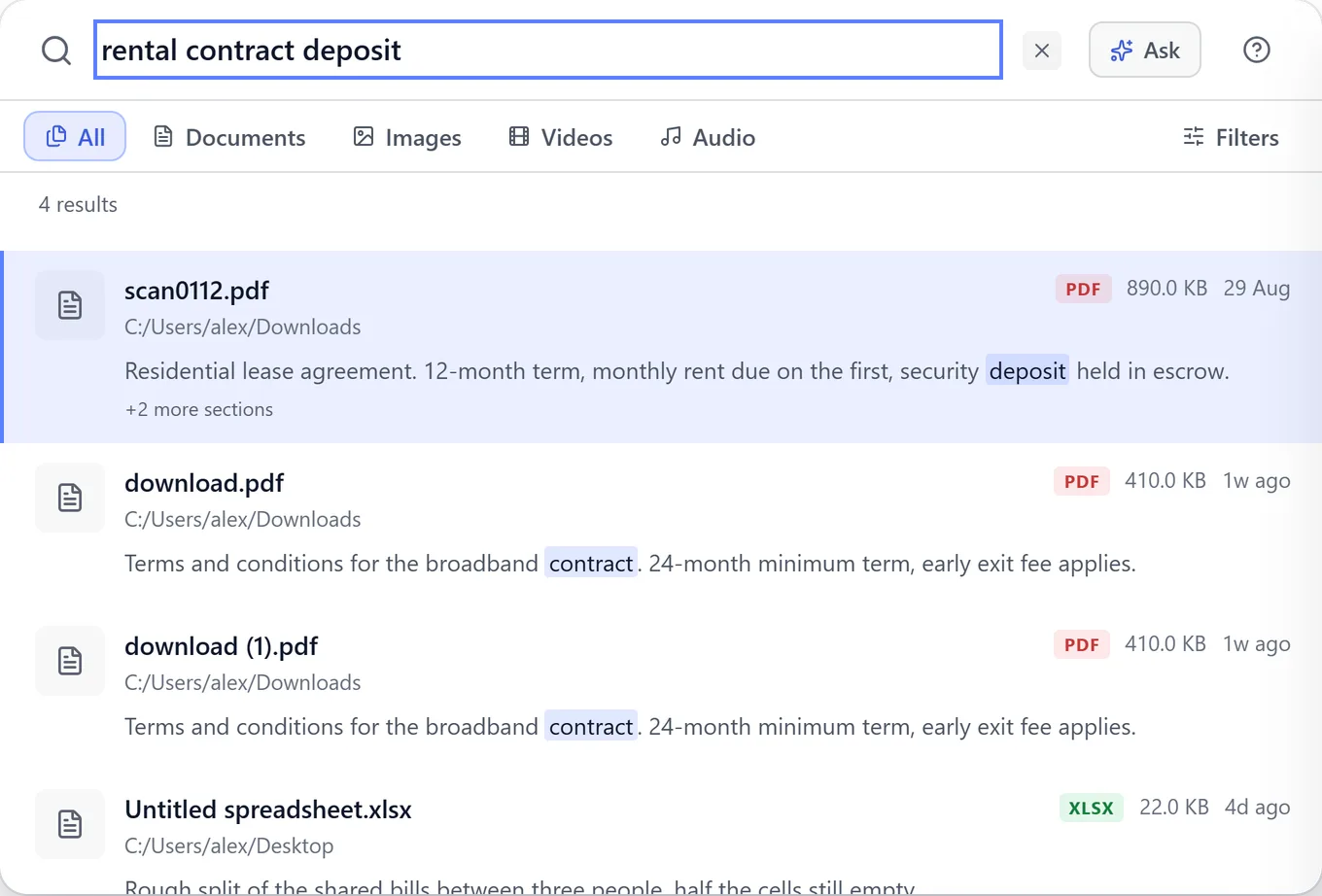 BeaconFind search for rental contract deposit. The top result is scan0112.pdf, a scanned residential lease agreement.