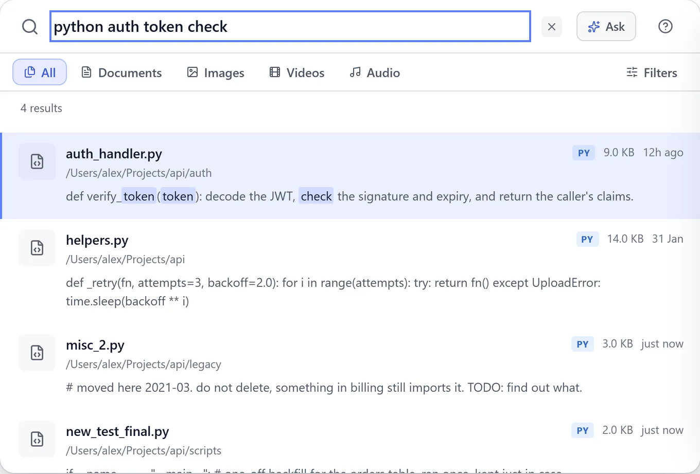BeaconFind search for python auth token check. The top result is auth_handler.py, a function that verifies a token.