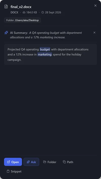 Preview of final_v2.docx with its AI summary: a Q4 operating budget with a 12% marketing increase.