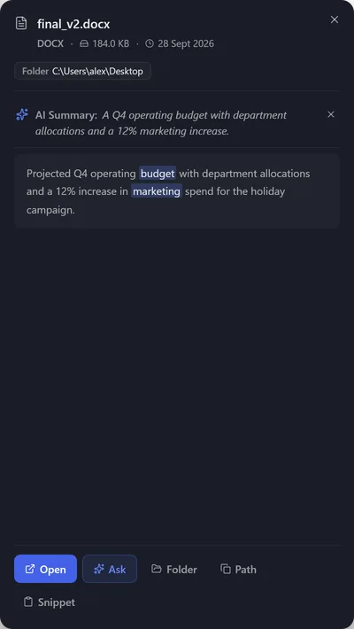 Preview of final_v2.docx with its AI summary: a Q4 operating budget with a 12% marketing increase.