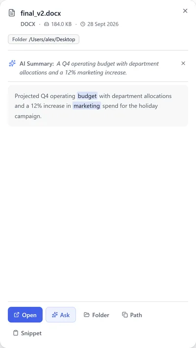 Preview of final_v2.docx with its AI summary: a Q4 operating budget with a 12% marketing increase.