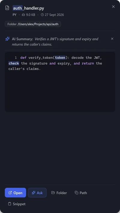 Preview of auth_handler.py with its AI summary: verifies a token's signature and expiry.