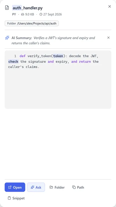 Preview of auth_handler.py with its AI summary: verifies a token's signature and expiry.